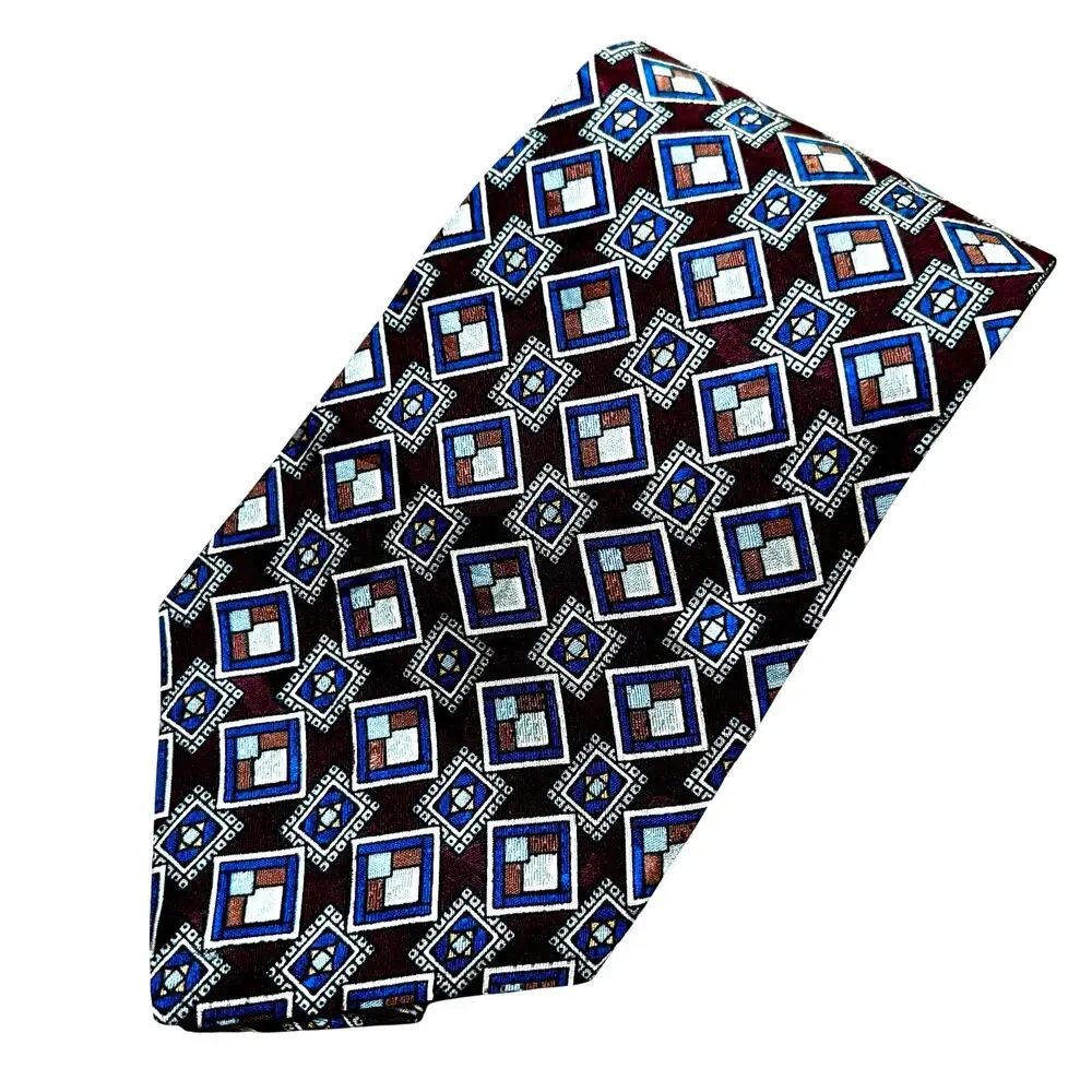 Liberty of London Italian silk neck tie dark red blue & gray geometric pattern